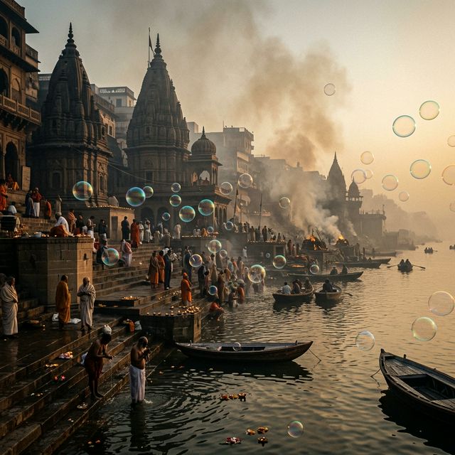 Misty dawn at the ghats of Kashi
