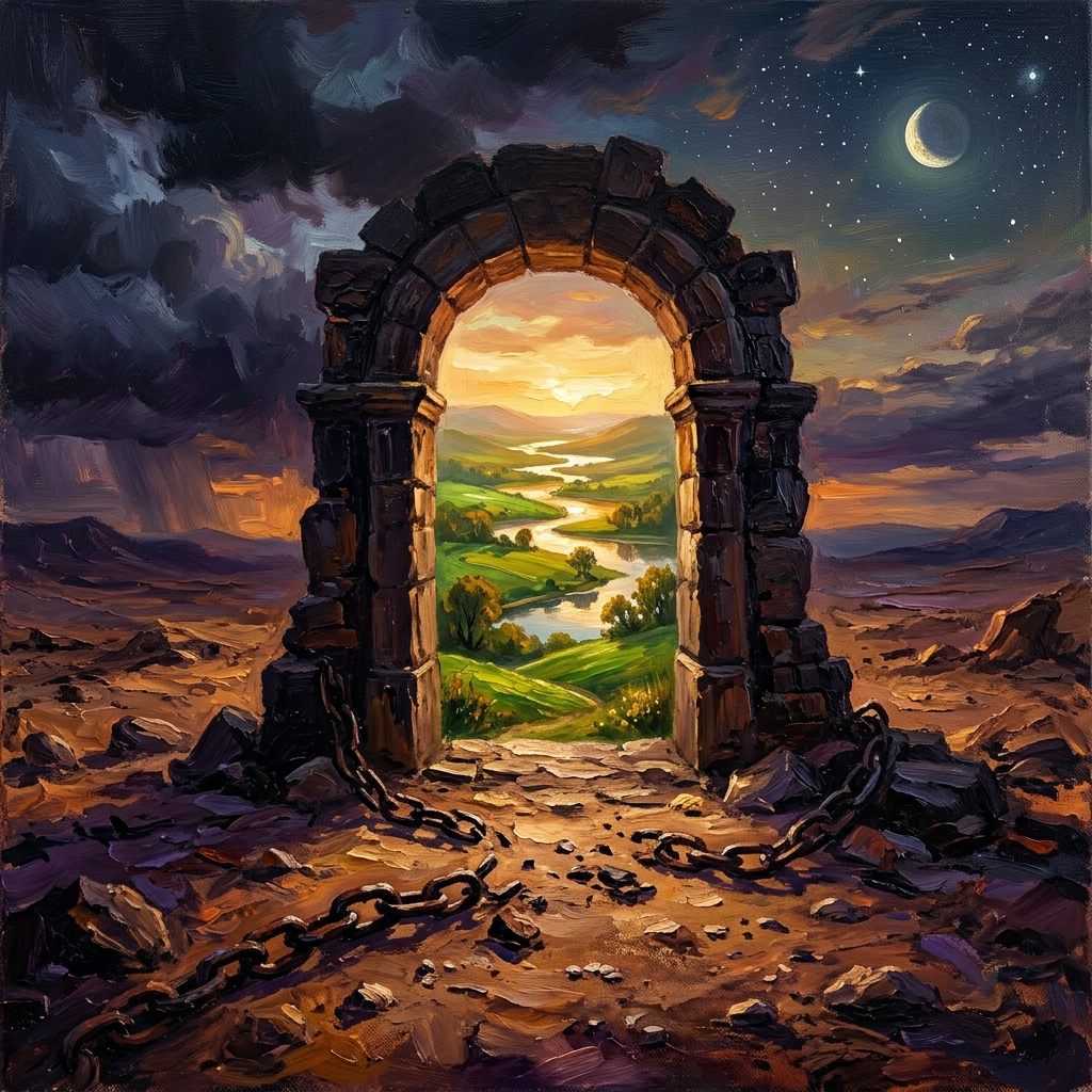 Oil painting of an ancient stone doorway between barren desert and lush paradise, with broken chains