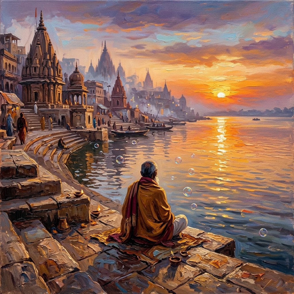 Oil painting of a seeker meditating at Varanasi ghats at dawn