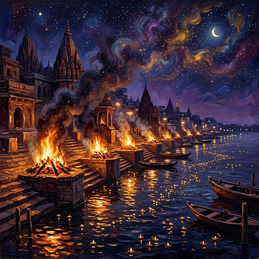 Oil painting of Varanasi cremation ghats at night with funeral pyres and floating diyas