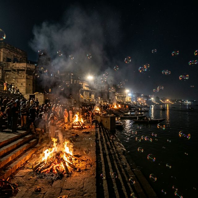 Cremation ghats at night